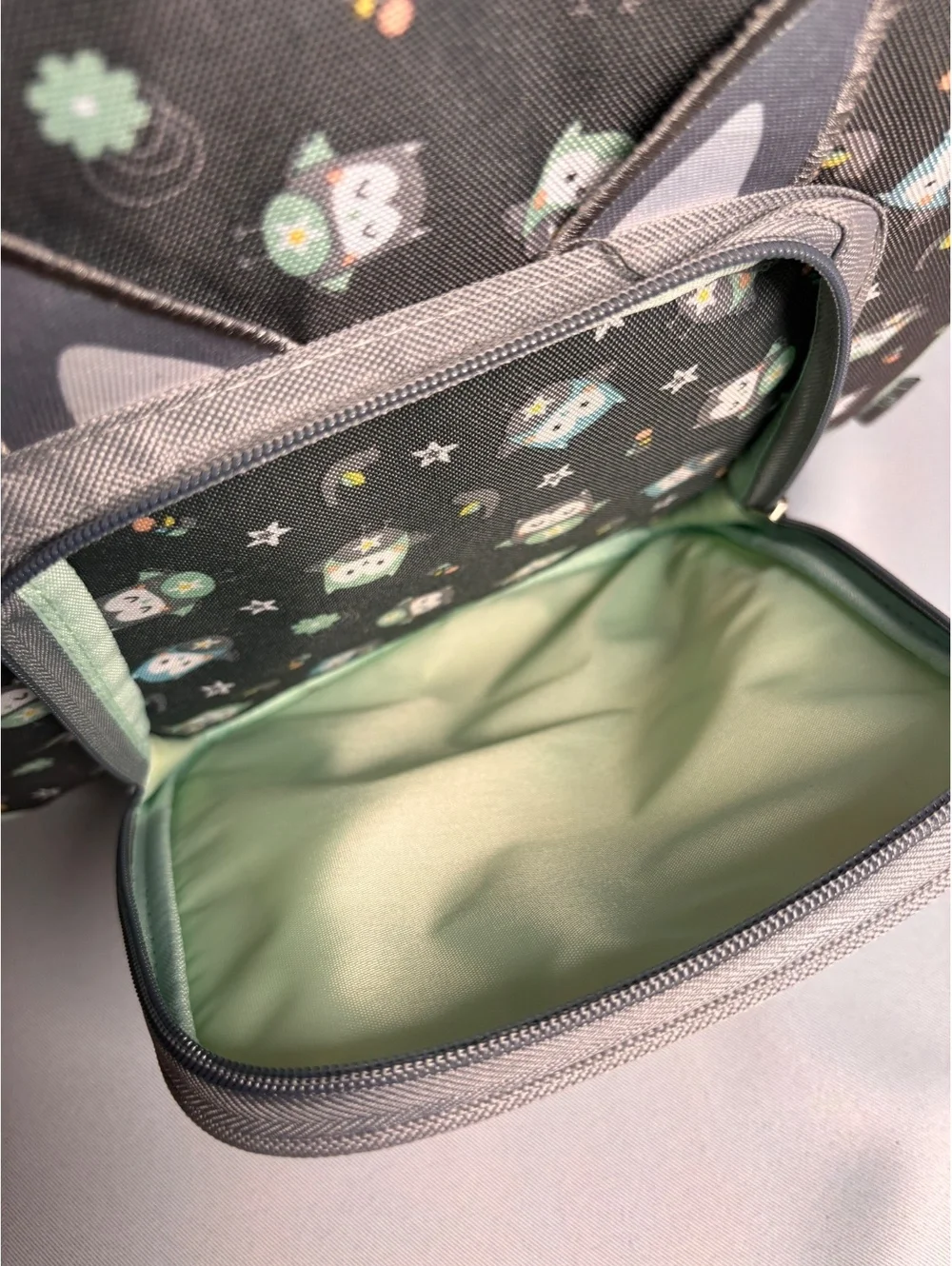 Baby Boom Gray and Mint Owl Print Diaper Bag with Changing Pad